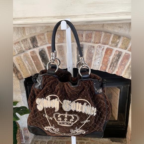 Juicy Couture Handbags - Vintage Y2K Juicy Couture Brown Velour Black Leather Handbag Large Luxury